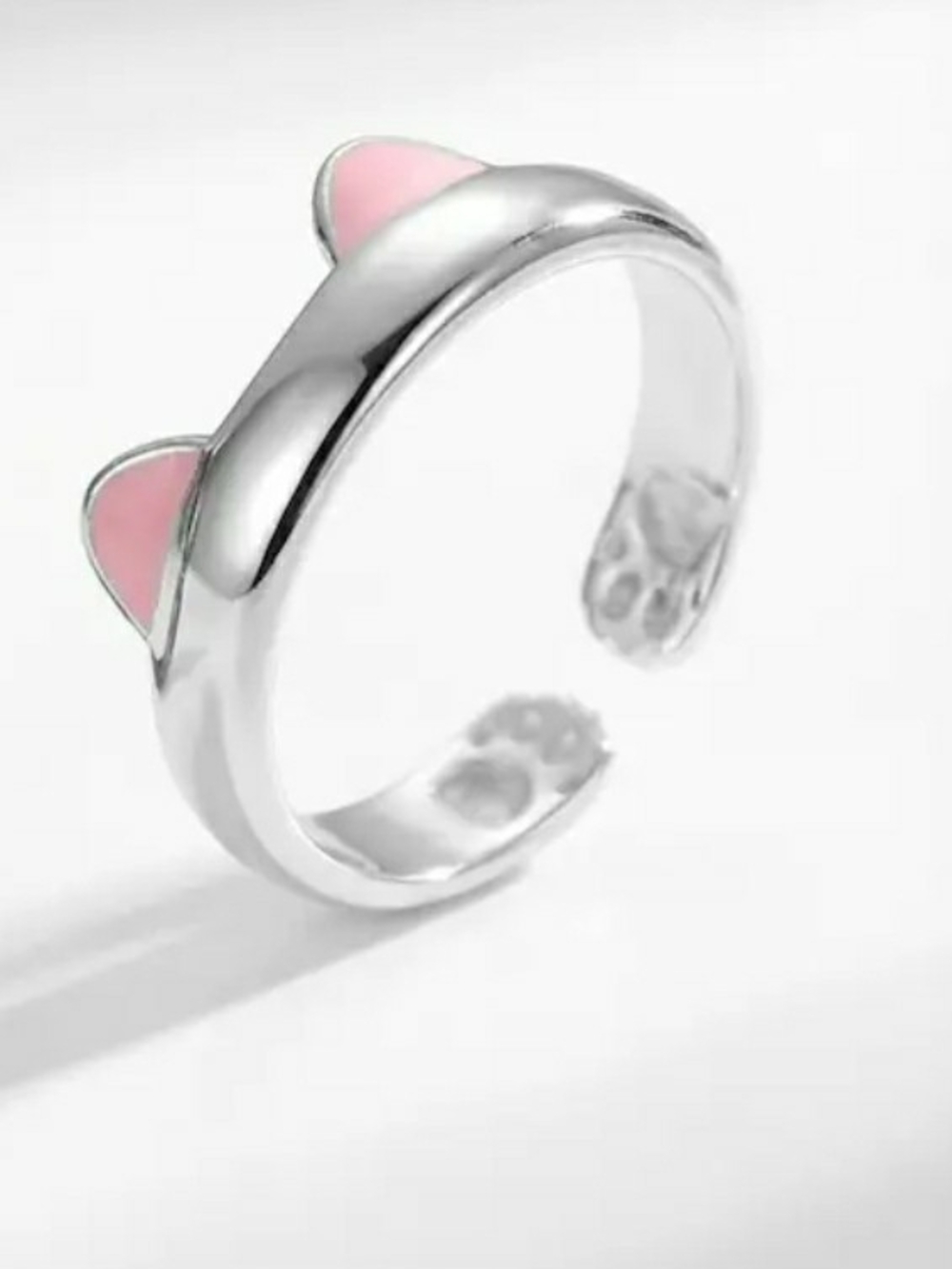 Cute Cat Ear Pink Accent Silver Ring Adjustable - Gift For Cat Lover